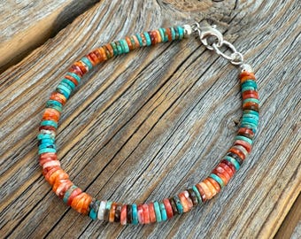 Turquoise Spiny Oyster Heishi Bracelet, Southwestern Boho Beaded Jewelry