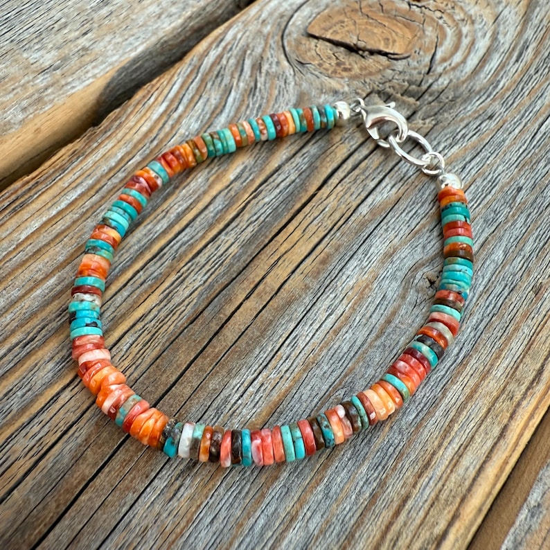 Turquoise Spiny Oyster Heishi Bracelet, Southwestern Boho Beaded Jewelry image 1