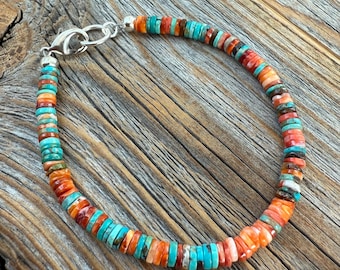 Turquoise Heishi Bracelet, Spiny Oyster Bracelet, Southwestern Stackable Jewelry