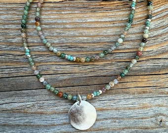 Fancy Jasper Beaded Layering Necklace, Sterling Silver Disc Pendant, Boho Style