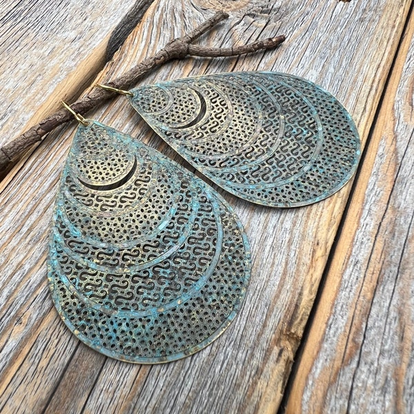 Patina Earrings, Large Boho Earrings, Teardrop Earrings, Vintage Jewelry, Aged Patina Jewelry, Unique Gifts for Her, Holiday Gifts, Handmade