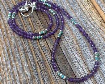 Tiny Faceted Amethyst Necklace, Silver Seed Bead & Czech Glass