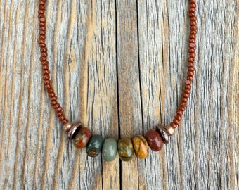 Red Creek Jasper Beaded Choker, Copper Accents, Handmade Boho Necklace