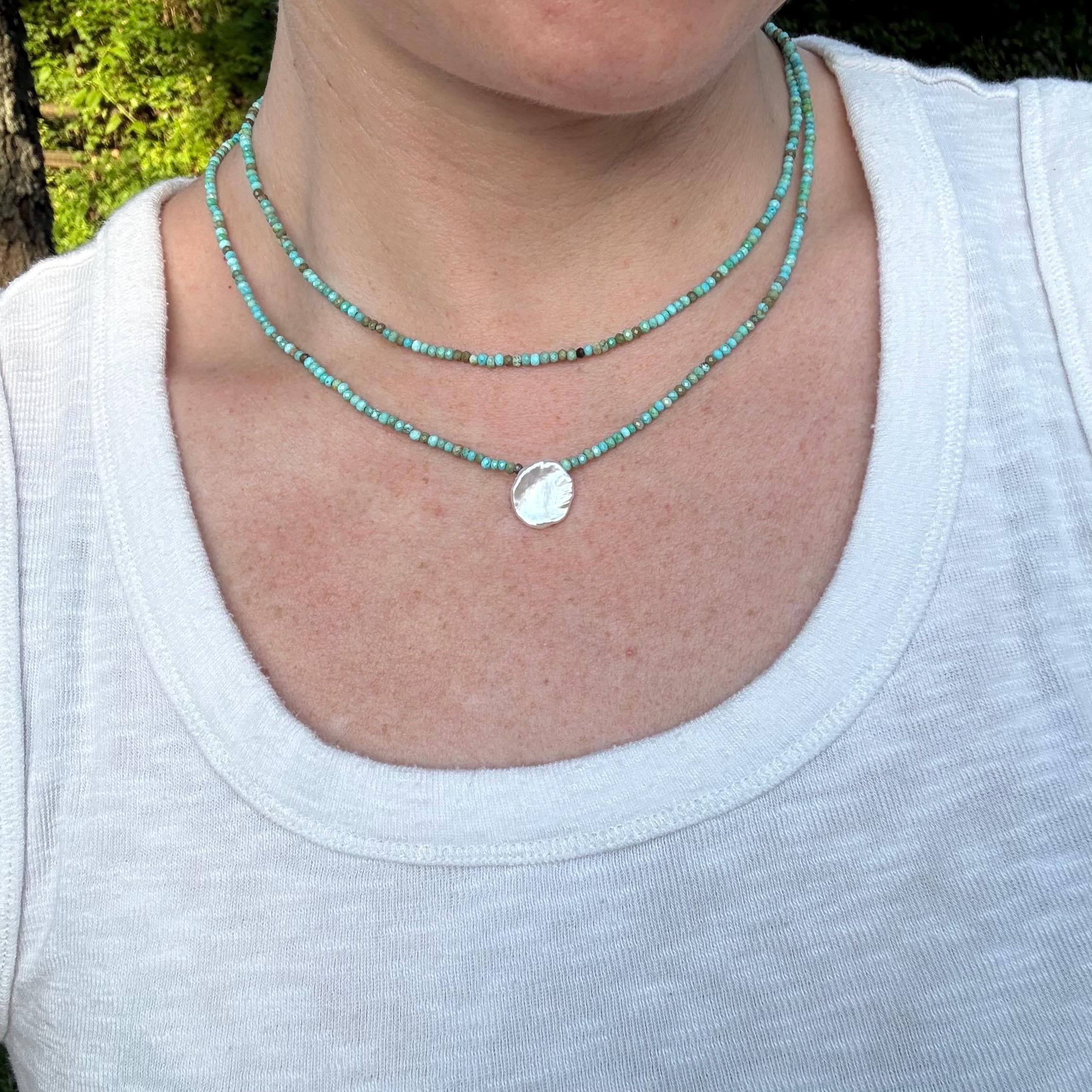 Turquoise Pearl Necklace – Double-Strand Layered Turquoise Beads with Coin Pearl Pendant, Boho Beach Jewelry, Gift for Her