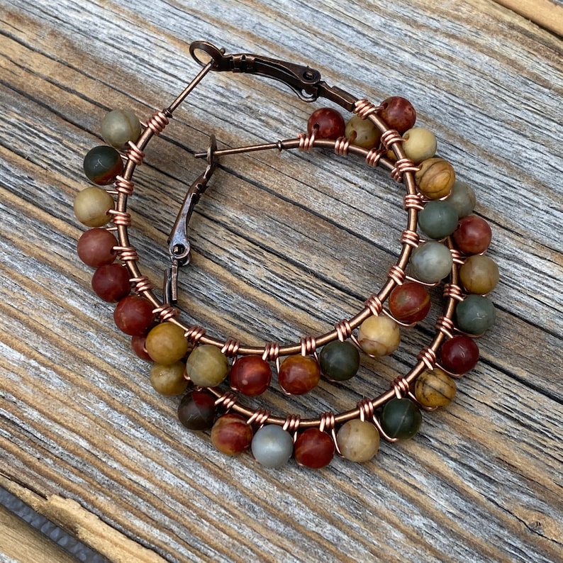 Red Creek Jasper Boho Hoop Earrings – Copper Wire Wrapped Jewelry image 4
