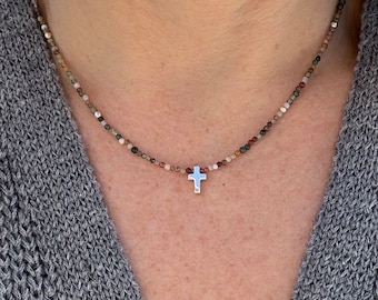 Dainty Jasper Cross Necklace, Sterling Silver Beads, Minimalist Boho Jewelry