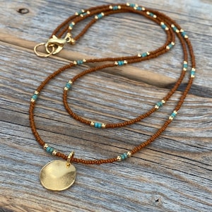 Small Round 10K Gold Pendant Necklace – Double Strand Tiny Beaded Layering Necklace, Unique Southwestern Jewelry, Dainty Handmade Necklace