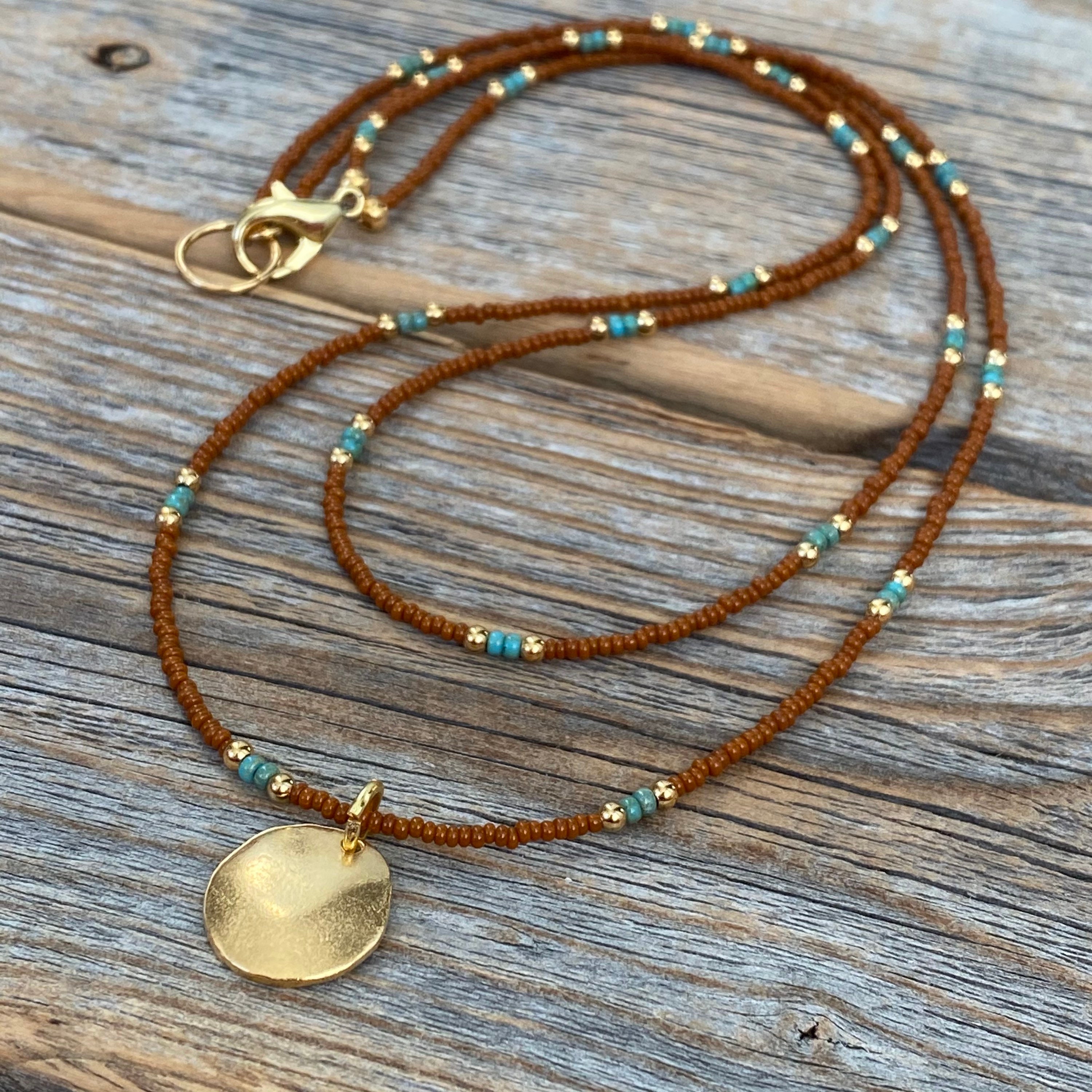 Small Round 10K Gold Pendant Necklace – Double Strand Tiny Beaded Layering Necklace, Unique Southwestern Jewelry, Dainty Handmade Necklace