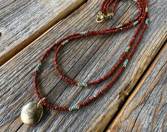 Brown Czech Glass Beaded Necklace, Gold Pendant, Double Strand