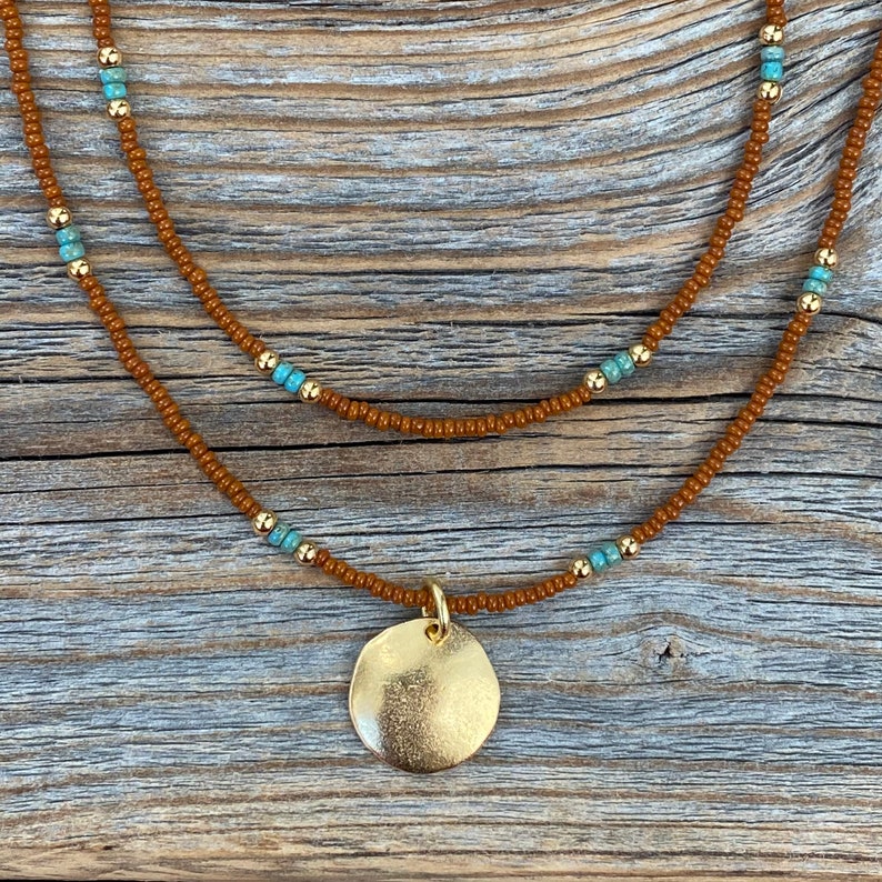 Small Round Gold Pendant Necklace Double Strand Tiny Beaded Etsy