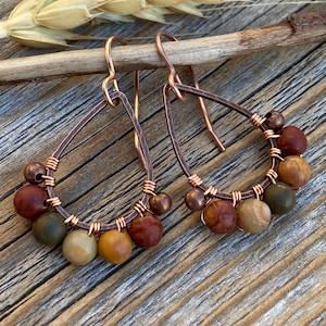 Kupfer Teardrop Ohrringe, Red Creek Jaspis Boho Ohrringe