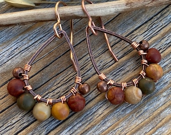 Copper Teardrop Earrings, Red Creek Jasper Boho Dangle Earrings