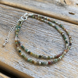 Fancy Jasper Anklet, Double Strand Beaded Bracelet with Silver Beads