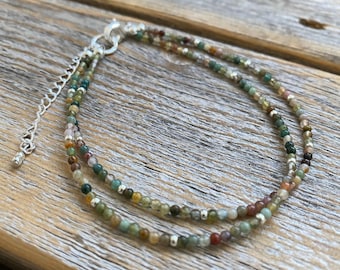 Fancy Jasper Anklet, Double Strand Beaded Bracelet with Silver Beads