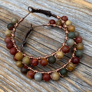 Red Creek Jasper Boho Hoop Earrings – Copper Wire Wrapped Jewelry image 1