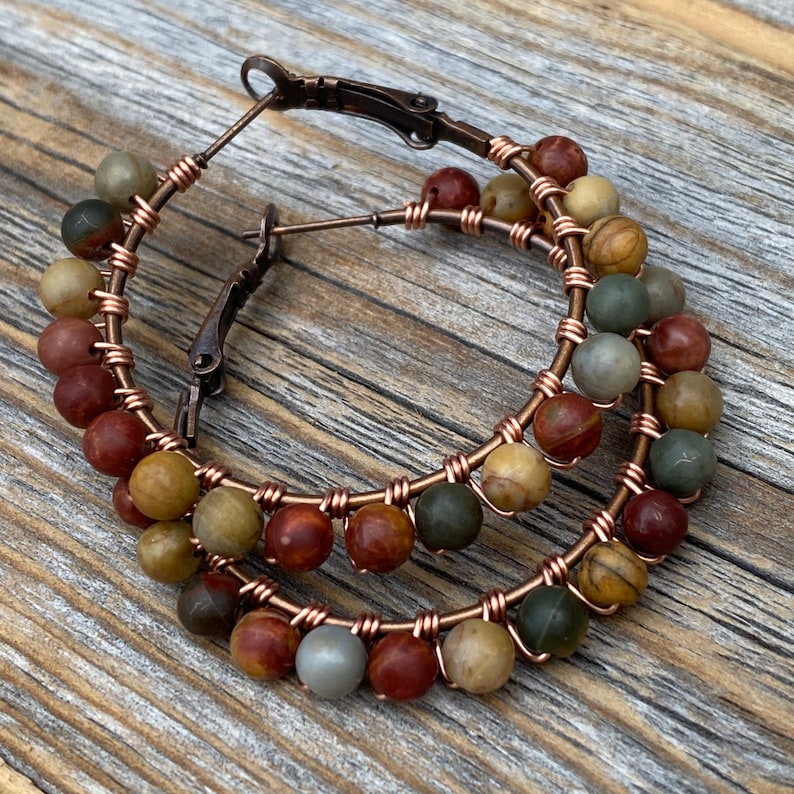 Red Creek Jasper Boho Hoop Earrings – Copper Wire Wrapped Jewelry image 1