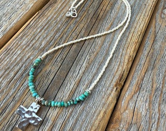 Turquoise Cross Necklace, Hammered Sterling Silver Pendant, Boho Christian Jewelry