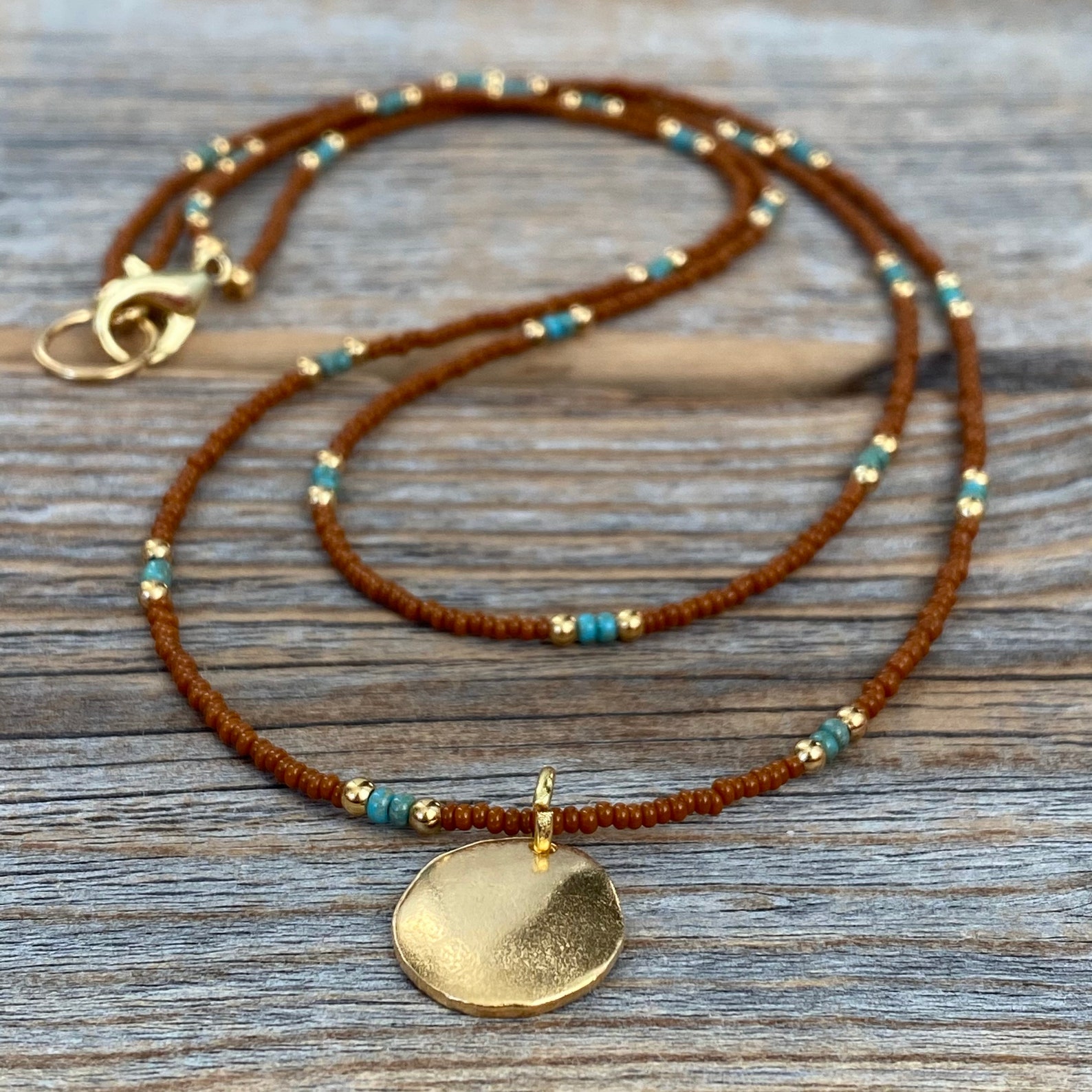 Small Round Gold Pendant Necklace Double Strand Tiny Beaded Etsy