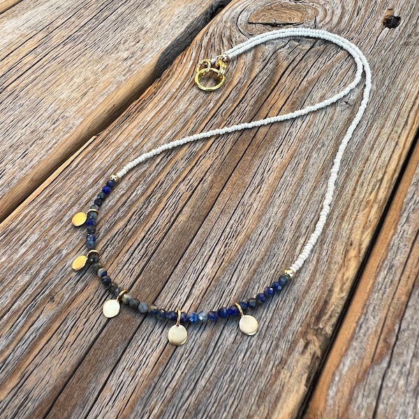 Lapis Lazuli Necklace, Tiny Beaded Necklace, 24K Gold Dangle Necklace, Minimalist Jewelry, Dainty Necklace, Layering Necklace, Gifts for Her