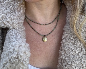 Sage Green Seed Bead Layered Necklace - Bronze Disc Pendant
