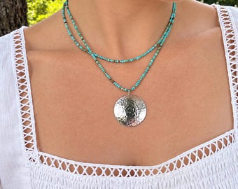 Genuine Turquoise Beaded Necklace, Hammered Sterling Silver Pendant, Boho Layering Gemstone Jewelry