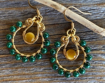 Malachite and Tigers Eye Beaded Hoop Earrings, Boho Dangle Jewelry