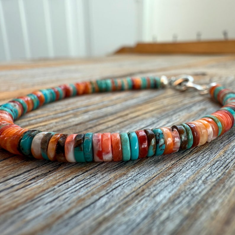 Turquoise Spiny Oyster Heishi Bracelet, Southwestern Boho Beaded Jewelry image 4