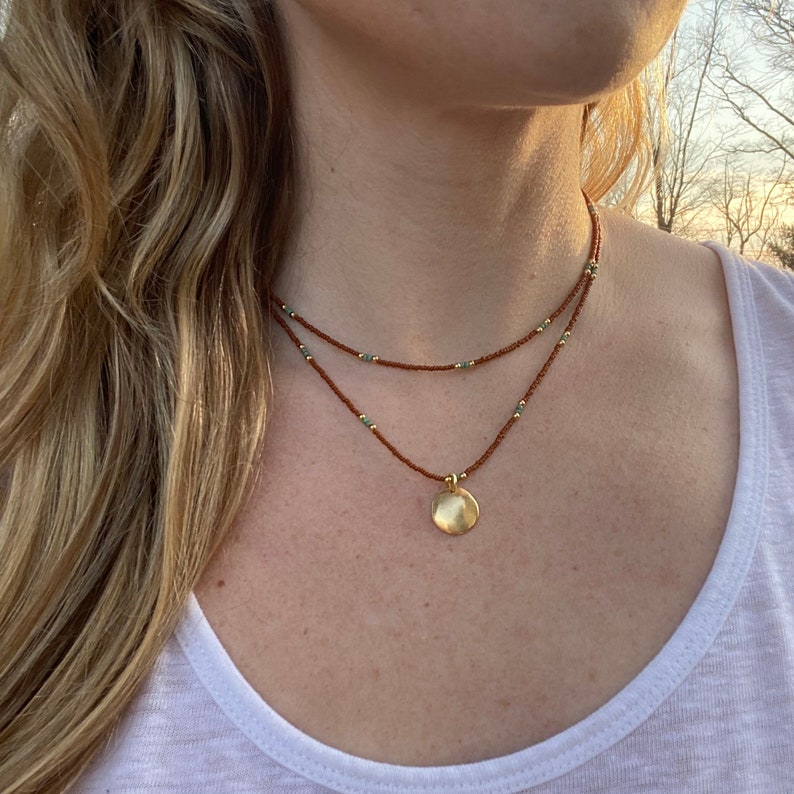 Small Round Gold Pendant Necklace Double Strand Tiny Beaded Etsy