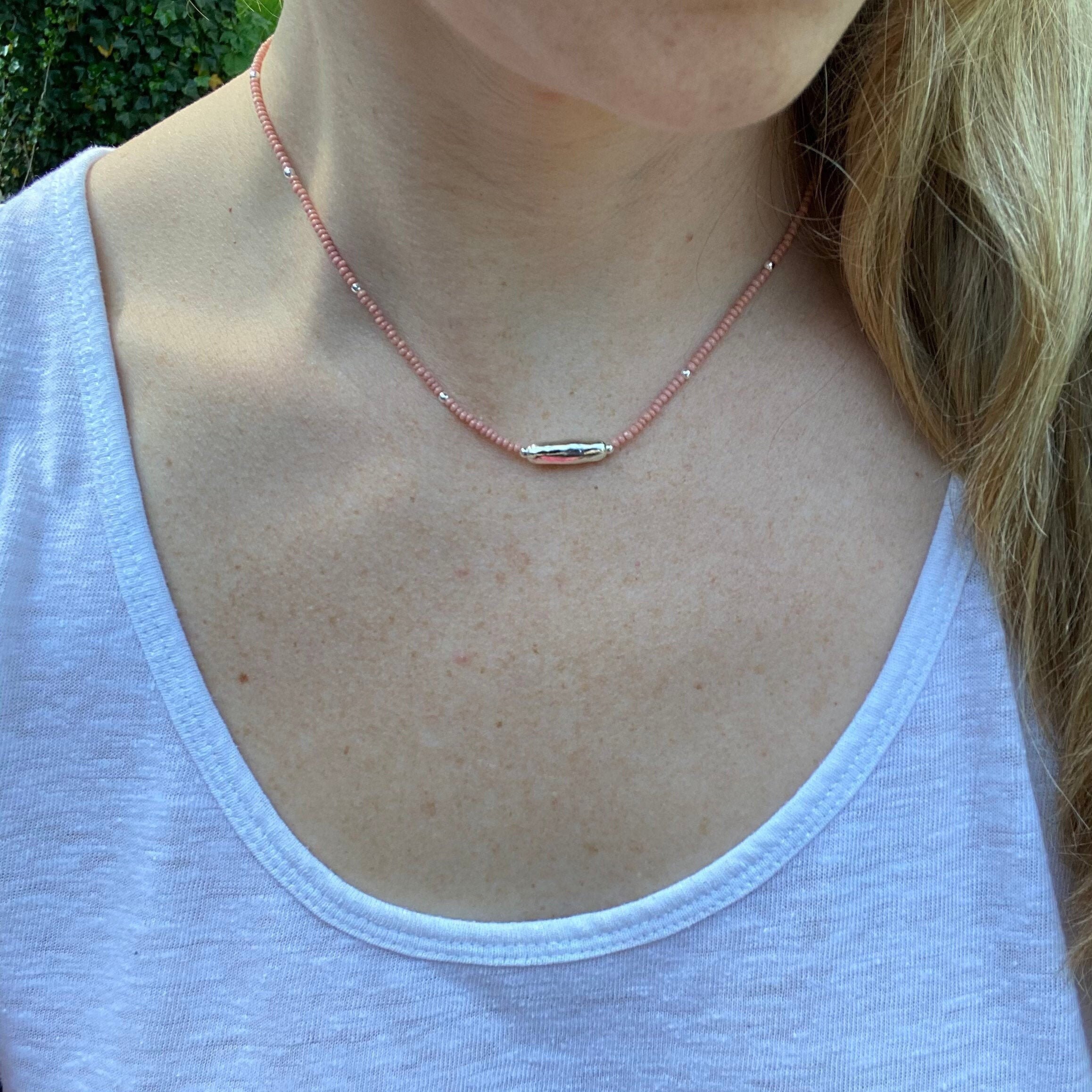 Thin Beaded Necklace, Pink Czech Glass Necklace, Simple Dainty Necklace, Minimalist Jewelry, Layering Necklace, Seed Bead Necklace, Unique
