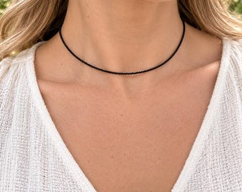 Black Czech Glass Choker Necklace, Dainty Seed Bead Necklace