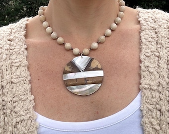 Chunky Beaded Statement Necklace with Geometric Pendant
