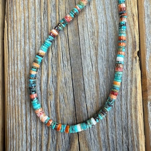 Turquoise and Spiny Oyster Shell Heishi Necklace – Handmade Boho Beaded Jewelry, Southwestern Style Gift for Her, Layering Necklace
