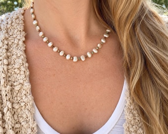 Handmade Freshwater Pearl Turquoise Beaded Necklace, Boho Gemstone Choker