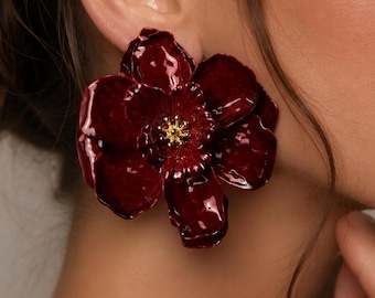 Deep Red Flower Earrings, Oversized Floral Statement Earrings, Burgundy Resin Petal Earrings, Bold Romantic Jewelry Gift for Her Luxury Chic