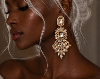 Gold Crystal Chandelier Earrings, Luxury Statement Earrings for Women, Glam Rhinestone Drop Earrings, Wedding Jewelry Gift