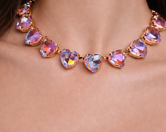 Pink Heart Crystal Necklace, Iridescent Choker, Romantic Statement Jewelry, Colorful Rhinestone Necklace, Gift For Her, Elegant necklace