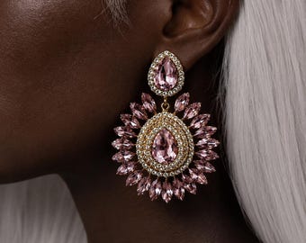 Pink Crystal Statement Earrings, Luxury Rhinestone Drop Earrings, Glam Bridal Earrings, Oversized Gold Earrings, Prom Jewelry Gift