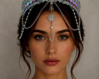 Tiara de cristal místico con cadena para la frente, tocado de fantasía, corona nupcial, tocado para cosplay, reina renacentista.