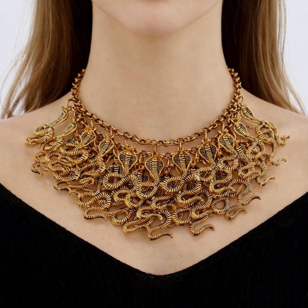 Gold Medusa Statement Necklace, Chunky Snake Chain Choker, Bold Greek Goddess Jewelry, Luxury Art Deco Bib Necklace for Women