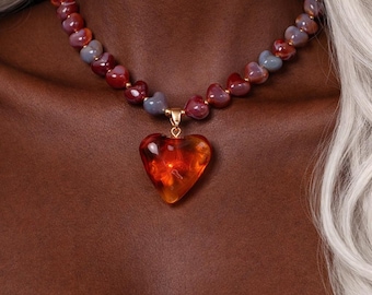 Heart Bead Necklace, Red Heart Pendant, Romantic Statement Jewelry, Chunky Beaded Necklace, Gift for Her, Unique Jewelry!