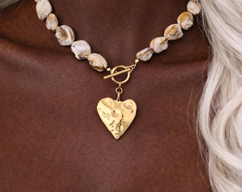 Shell Bead Heart Necklace, Gold Heart Pendant Necklace, Natural Shell Statement Jewelry, Coastal Gift For Her, Romantic Beach Style