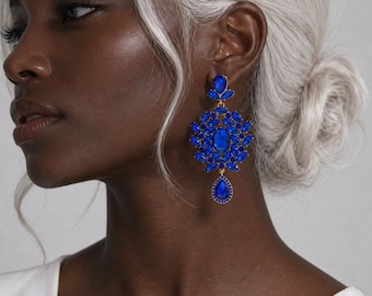 Royal Blue Statement Earrings, Bold Crystal Chandelier Earrings, Elegant Bridal Jewelry, Luxury Evening Earrings Gift for Her