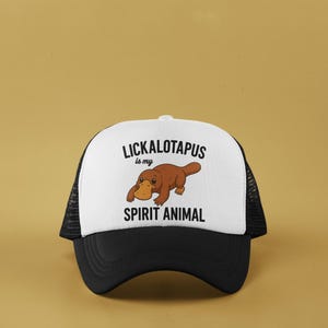 Lickalotapus Hat, Funny Spirit Animal Trucker Hat, Platypus Graphic Cap, Adult Humor Mesh Hat, Black White Snapback Gift for Him Her