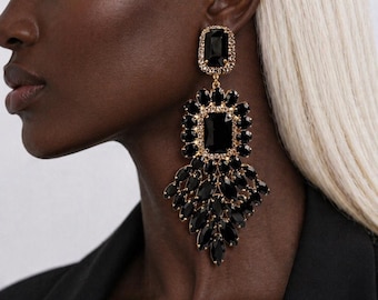 Statement Black Crystal Chandelier Earrings, Long Gold Drop Earrings, Bold Evening Jewelry, Luxury Glam Earrings for Women Gift