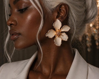 Ivory Flower Statement Earrings, Oversized Floral Earrings, Elegant Gold Petal Earrings, Bridal Jewelry Gift for Women, White Earrings