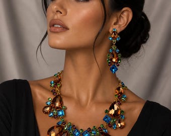 Conjunto de joyas de cristal llamativas, conjunto de collar y pendientes de gemas multicolores, joyería nupcial de lujo, accesorio de noche llamativo, collar elegante, regalo