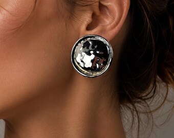 Silver Statement Disc Earrings, Hammered Metal Stud Earrings, Minimalist Bold Earrings, Modern Chunky Earrings, Gift for Her