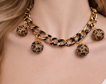 Chunky Gold Chain Necklace, Statement Choker With Black Enamel Links, Charm Drop Necklace, Bold Fashion Jewelry Gift For Her
