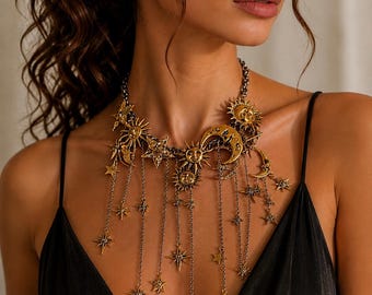 Celestial Sun Moon Statement Necklace, Gothic Star Charm Bib Necklace, Vintage Boho Festival Jewelry, Witchy Cosmic Gift, Moon Phase Choker