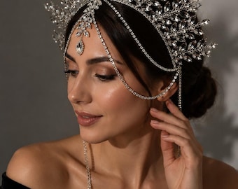 Tiara nupcial de cristal, tocado de hojas plateadas, cadena para el cabello de boda, corona de reina con diamantes de imitación, regalo de joyería nupcial de fantasía